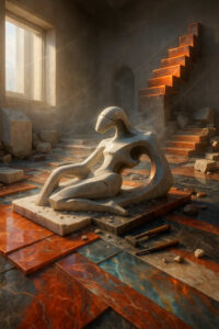 In einer Halle voller Marmorfragmente liegt eine futuristische Skulptur einer menschlichen Gestalt. Sonnenstrahlen durchdringen den Staub und tauchen die Szene in mystisches Licht. Werkzeuge liegen verstreut, als wäre der Schöpfer gerade fortgegangen.