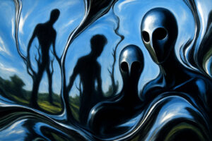 Verzerrte, gesichtslose Gestalten mit maskenhaften Köpfen erscheinen in einer surrealen Landschaft. Die Figuren wirken wie fremde Wesen aus einer anderen Dimension. Spiegelartige Strukturen verzerren die Natur und verstärken den unheimlichen Eindruck.