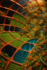 Ein gewölbtes Netz aus organischen Linien teilt die Landschaft in Felder und Wasserflächen. Grüne Terrassen, blaue Teiche und bunte Wälder fügen sich zu einem geometrischen Muster. Die Szene wirkt wie ein lebendiges Mosaik.