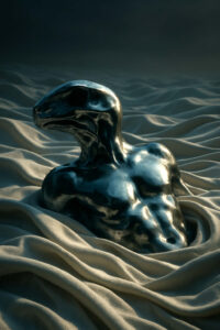 Ein glänzender, humanoider Körper aus flüssig wirkendem Metall taucht aus wellenartigen Sandstrukturen auf. Kopf und Brust erinnern an eine Skulptur, halb organisch, halb künstlich. Die Szene wirkt wie ein Moment der Geburt in einer fremden Welt.