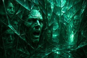In einer grünen, kristallinen Wand erscheinen verzerrte menschliche Gesichter, eines schreit verzweifelt hervor. Stimmung von Beklemmung, Enge und geisterhafter Gefangenschaft.