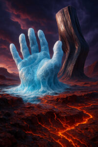 Ein gigantischer Eishand erhebt sich aus einer vulkanischen Landschaft. Glühende Risse durchziehen den Boden, während dunkle Wolken den Himmel verhüllen. Die Kälte des Eises widerspricht der sengenden Hitze des Lavagesteins.