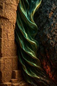 Eine seidige, grün-goldene Struktur windet sich zwischen Felsen. Links sind uralte Steinsymbole eingemeißelt, die an vergessene Kulturen erinnern. Warmes Licht glüht durch die Szene.