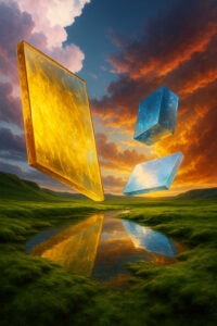 Schwebende geometrische Körper aus Gold und Blau reflektieren den dramatisch leuchtenden Sonnenuntergang. Unter ihnen spiegelt ein Fluss die Formen wie ein Tor in eine andere Welt. Das Bild verbindet Landschaft mit surrealer Abstraktion.