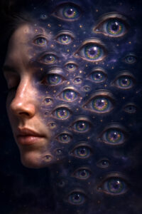 Ein menschliches Gesicht verschmilzt mit einem Meer aus schimmernden Augen. Die Augen öffnen sich in verschiedenen Größen, wie Sterne im Universum. Ein Bild der inneren Vision und kosmischen Wahrnehmung.