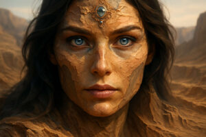 Porträt einer Frau mit blauen Augen und rissiger, erdähnlicher Haut. Ein Schmuckstein ziert ihre Stirn, eingebettet in eine goldene Fassung. Ihre Züge verschmelzen mit den Felsen der Landschaft.