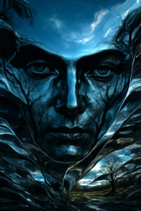 Ein gigantisches Gesicht, geformt aus Schatten, Bäumen und Landschaft, blickt ernst in die Ferne. Die Züge verschmelzen mit den Linien von Ästen und Wurzeln. Ein surrealer Übergang zwischen Natur und Mensch wirkt wie eine geheimnisvolle Manifestation.