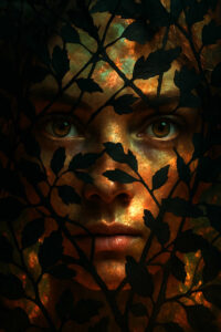 Ein menschliches Gesicht mit goldener Haut schimmert hinter einem Netz dunkler Blätter. Die Augen blicken direkt hervor, intensiv und geheimnisvoll. Eindruck von Verschmelzung zwischen Natur und Mensch.