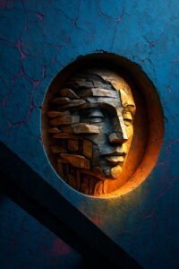 Ein Relief zeigt ein menschliches Gesicht, das aus übereinander geschichteten Steinen gebildet ist. Warmes Licht erhellt die Konturen und kontrastiert mit dem kühlen Blau der Umgebung. Es wirkt wie ein zeitloses Symbol der Vergänglichkeit.