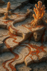 Eine steinerne Oberfläche ist durchzogen von roten Adern, die wie versteinertes Blut wirken. Eingemeißelte Muster und eine Maske mit menschlichen Zügen ragen aus dem Gestein hervor. Pilz- und Korallen-ähnliche Strukturen wachsen aus der Landschaft empor.