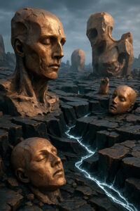 Riesige steinerne Köpfe ragen aus einer zerklüfteten Landschaft. Ihre geschlossenen Augen wirken, als träumten sie in einer anderen Zeit. Zwischen den Spalten fließt ein leuchtender Riss, wie ein stiller Strom aus Energie. Die Szene vermittelt Verfall und zeitlose Melancholie.