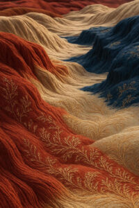 Wellenförmige Dünen wirken wie gewebte Stoffe in Rot, Gold und Blau. Feine, pflanzenähnliche Muster durchziehen die Oberflächen. Die Landschaft sieht aus wie ein Teppich aus lebendiger Erde.