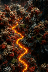 Eine leuchtende Lavaspur zieht sich wie eine pulsierende Ader durch zerklüftetes, korallenartiges Gestein. Schwarz-weiße Muster und rote Strukturen umrahmen den Fluss. Das Bild wirkt wie ein fremdes Ökosystem voller Hitze und Energie.