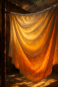 Ein Stück Stoff hängt in der Sonne und scheint von innen heraus zu leuchten. Die warmen, goldenen Farben lassen den Vorhang fast wie glühendes Feuer wirken. Sanfte Schatten unterstreichen die Stimmung der Wärme.