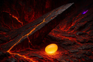 Ein einzelnes, orange glühendes Ei liegt inmitten zerklüfteter schwarzer Felsen, durchzogen von feurigen Adern aus Lava. Eindruck von bedrohlicher Hitze, doch auch von Ursprung und Entstehung.