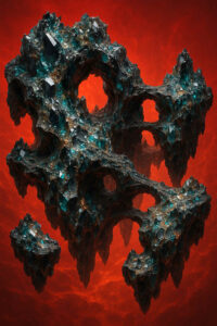 Schwebende Felsformation mit smaragdgrünen Kristallen über feurig rotem Hintergrund. Die durchlöcherten Strukturen wirken wie ein organisches Gebilde aus Stein. Ein Eindruck von kosmischer Landschaft voller Hitze und Gestein.