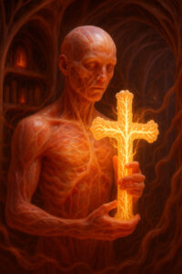 Ein nackter, menschlicher Körper mit durchscheinenden Adern hält ein leuchtendes Kreuz aus purer Energie. Der Raum ist organisch, fast wie aus Fleisch und Wurzeln geformt. Die Figur wirkt ernst und entrückt, als trage sie ein göttliches Geheimnis.