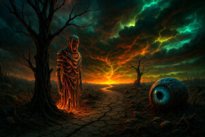 Eine feurige Gestalt aus glühendem Gestein wandelt durch eine verbrannte Landschaft. Am Wegesrand liegt ein gigantisches blaues Auge, halb im Boden versunken. Der Himmel brennt in apokalyptischen Farben von Rot, Grün und Orange.