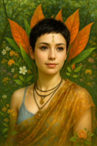 Eine junge Frau mit kurzem Haar sitzt in einem blühenden Garten. Schmuck aus Gold und Bernstein ziert Stirn und Hals, während orangefarbene Blätter wie Flügel hinter ihr aufragen. Ihr ruhiger Blick verleiht dem Bild eine Aura von zeitloser Gelassenheit.