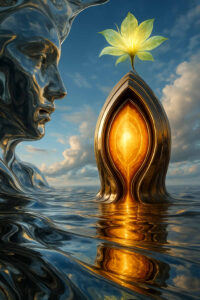 Eine schimmernde, goldene Struktur ragt aus einem stillen Wassermeer, überragt von einer leuchtenden Blüte. Rechts blickt ein monumentales Gesicht aus silbrigem Material in die Szene. Himmel und Wasser spiegeln den Übergang von Tag zu Traum.