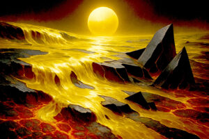 Eine surreale Landschaft aus fließender, goldener Lava, die über dunkles Gestein ergießt, während eine glühende Sonne den Himmel in ein goldenes Feuer taucht – eine Szene zwischen Schönheit und Bedrohung.