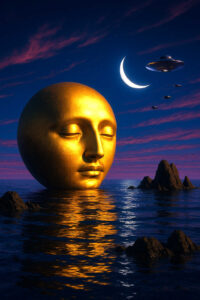 Riesiger goldener Kopf mit geschlossenen Augen ragt aus dem Meer, begleitet von Mondsichel und fliegenden UFOs am Nachthimmel.