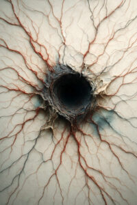 Ein dunkler, runder Schlund öffnet sich inmitten einer blassen Oberfläche. Von ihm ausgehend ziehen sich rote, wurzelartige Linien über die Fläche. Die Szene erinnert an ein pulsierendes Auge oder eine Wunde der Erde.