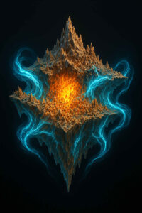 Ein massiver, felsiger Kristallkörper schwebt im dunklen Raum. In seiner Mitte glüht ein heißes, orangenes Zentrum, umgeben von blauen Energiewirbeln. Es wirkt wie ein Herz aus Stein und Feuer.