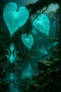 Riesige herzförmige Blätter leuchten türkis in einem verwunschenen Dschungel. Ihr Schimmer spiegelt sich im Wasser eines ruhigen Beckens. Alte Ruinen und moosbewachsene Wurzeln rahmen die Szene ein. Alles wirkt geheimnisvoll und zugleich friedlich.