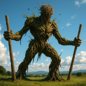 Ein riesenhafter Baumwesen-Gigant mit moosbedecktem Körper steht auf einer Wiese und hält zwei große Holzstäbe in den Händen, während Vögel um seinen Kopf kreisen.