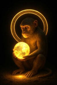 Ein Affe sitzt in dunkler Stille, ein leuchtender Erdball in seinen Händen. Hinter ihm strahlt ein goldener Ring wie ein Heiligenschein. Seine Haltung ist sanft, als ob er die Welt mit Weisheit beschützen möchte.