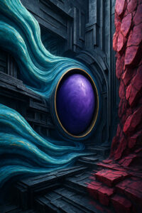 Ein leuchtend violetter, eiförmiger Kern ist in eine dunkle, architektonische Struktur eingebettet, aus der blau-grüne Ströme wie flüssige Energie hervortreten. Mystische Atmosphäre zwischen Geometrie und organischer Kraft.