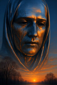 Eine riesige, verhüllte Frauenfigur aus Metall oder Stein erhebt sich über den Horizont. Der Sonnenuntergang färbt ihr Gesicht golden und gibt ihm eine feierliche Aura. Natur und Statue verschmelzen zu einem Symbol von Würde und Ewigkeit.