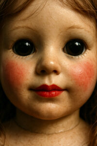 Ein Puppengesicht mit makelloser Haut und großen, dunklen Augen blickt direkt nach vorn. Die roten Wangen und Lippen wirken lebendig, während der Blick zugleich unschuldig und unheimlich erscheint. Sanftes Licht verstärkt die Illusion.