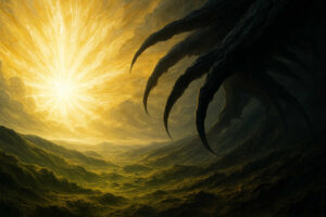 Ein gleißendes, goldenes Licht breitet sich in einer zerklüfteten Landschaft aus, während von rechts eine gigantische, schwarze Klaue in die Helligkeit greift – ein epischer Kampf zwischen Finsternis und Strahlkraft.