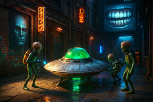 Drei kleine Außerirdische mit großen Köpfen stehen bei einem leuchtenden UFO in einer futuristischen Gasse mit Neonlichtern.