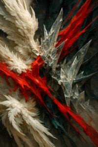 Weiße, flauschige Flügel prallen auf scharfkantige, gläserne Kristallformationen. Rote Energieadern schneiden wie Blitze durch die Komposition. Die Szene wirkt wie ein urgewaltiger Kampf zwischen Himmel und Erde.
