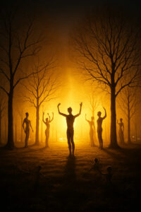 Gestalten aus Holz oder Stein stehen in einem Kreis im Wald. In der Mitte strahlt ein goldenes Licht, das wie eine Sonne zwischen den Bäumen aufsteigt. Die Figuren heben ihre Arme, als wären sie Teil eines Rituals.