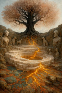 Eine mächtige, knorrige Eiche thront über einer Steinterrasse. Leuchtende Adern breiten sich aus wie Lavaadern, die Leben spenden. Steinfiguren und Tiere wachen still am Rand des Geschehens.