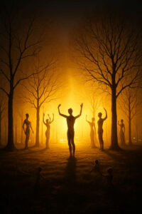 Menschenähnliche Gestalten mit erhobenen Armen stehen in einem kahlen Wald. Ein gleißendes, goldenes Licht erhellt die Szene von hinten. Stille Anbetung und mystische Wärme füllen die Atmosphäre.