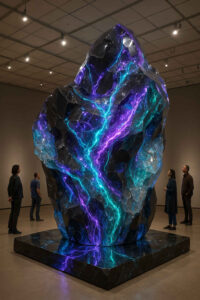 Ein riesiger schwarzer Stein durchzogen von blauen und violetten Leuchtadern. Er scheint Energie aus einer fremden Dimension zu speichern. Menschen betrachten ehrfürchtig dieses funkelnde Monument.