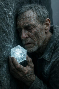 Ein alter Mann mit geschlossenen Augen drückt ein leuchtendes Würfelartefakt an sich. Sein Gesicht und seine Haut sind von Rissen durchzogen, als von Stein gezeichnet. Im grauen Felsen neben ihm laufen ebenfalls feine, leuchtende Linien entlang.