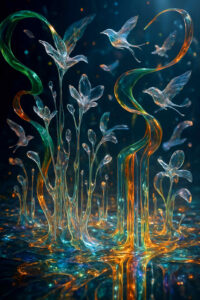 Gläserne Pflanzen in bunten Farben wachsen aus dem Boden, während durchsichtige, schimmernde Vögel im gleichen Material darüber schweben.