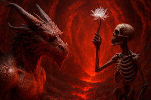 Ein Skelett hält eine funkelnde Kristallblume in der Hand und reicht sie einem drachenartigen Wesen, beide umgeben von glühend rotem Höhlenlicht – eine Begegnung zwischen Tod und Mythischem.