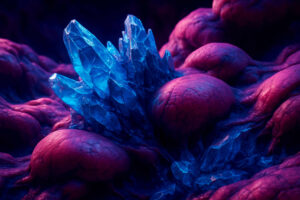 Blaue, scharfkantige Kristalle sprießen aus einer organisch-fleischigen, purpurnen Oberfläche – ein unheimliches Zusammenspiel von Mineralischem und Lebendigem.