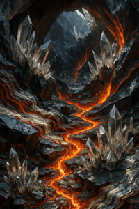 Glühende Lavaströme durchziehen eine dunkle Höhle. Riesige Kristalle erheben sich aus dem Boden wie Wächter. Ihr transparentes Leuchten kontrastiert mit dem roten Schimmer der Erde. Die Szene wirkt wie ein Tor zu einer verborgenen Welt.