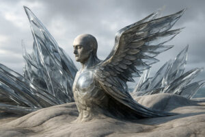 Ein monumentales Wesen aus glänzendem Metall erhebt sich aus steinigem Boden. Seine Flügel bestehen aus kristallklaren Schichten, die wie Glas in den Himmel ragen. Der ernste, fast entrückte Ausdruck verleiht ihm eine Aura zeitloser Würde.