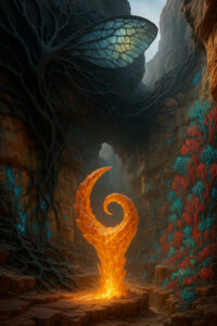 Eine spiralförmige, orange leuchtende Struktur brennt inmitten einer felsigen Schlucht. Über ihr breitet sich ein riesiges, schimmerndes Insektenflügel-Muster aus den Bäumen aus. Die Szene wirkt wie ein heiliger Ort einer fremden Welt.