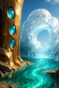Ein leuchtender türkisfarbener Fluss strömt durch eine Landschaft aus Eis und goldenem Gestein. Links erhebt sich ein monumentaler Turm mit blauen Kristallfenstern. In der Ferne glänzt ein Eisring wie ein Tor in eine andere Dimension.