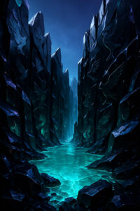 Hohe, schwarzblaue Klippen mit eingravierten Flügelwesen bilden eine schmale Schlucht. Ein leuchtender, türkisgrüner Fluss zieht sich hindurch. Atmosphärisches Bild von Tiefe, Kälte und mystischem Licht.